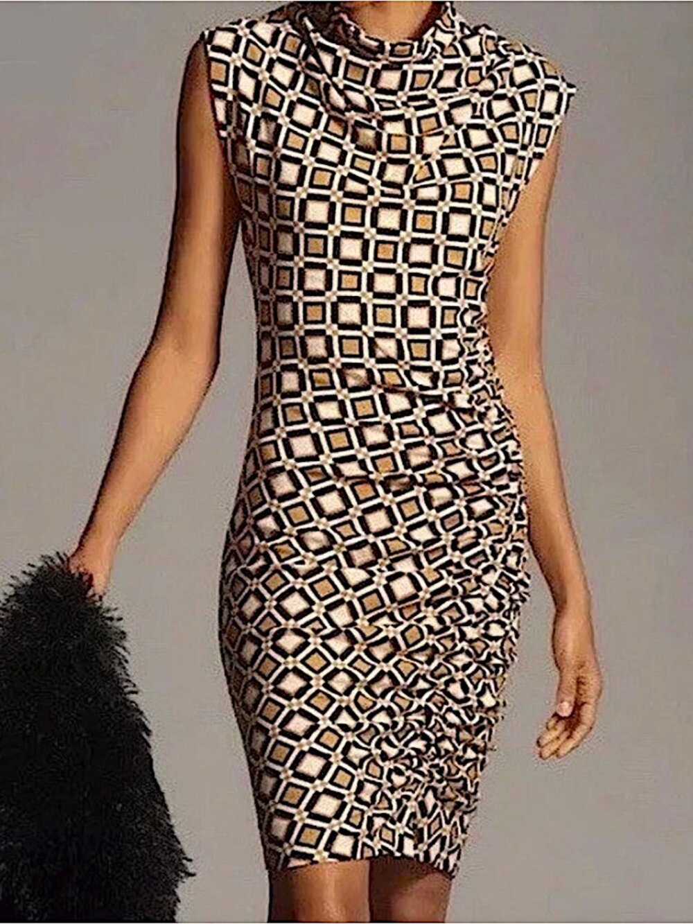 ANTHROPOLOGIE Maya Geometric Print Ruched Cowl Neck Sleeveless Sheath Dress